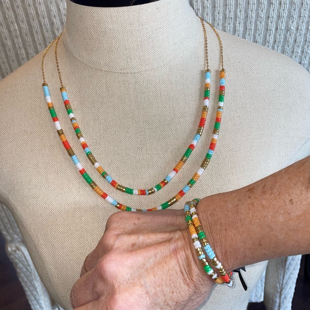 J Crew Layered Chevron Beaded Necklace and Bracelet Multi Colored Bundle